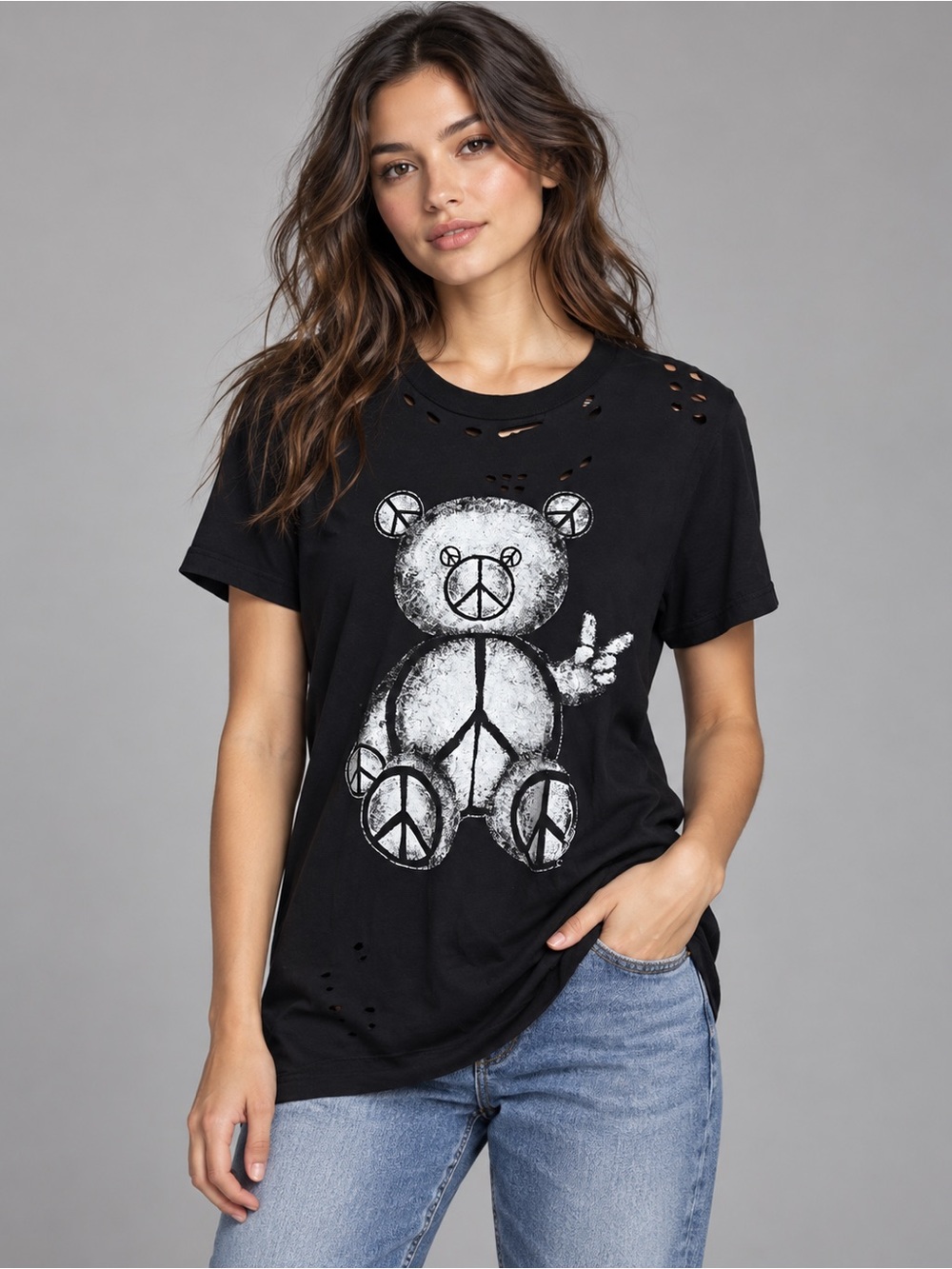 Lauren Moshi Black Distressed Peace Sign Teddy Bear Graphic Tee Tencel XS